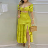 Low cut top printed high waist split dress