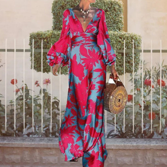 High waist commuter dress printed Lantern Sleeve V-neck dress