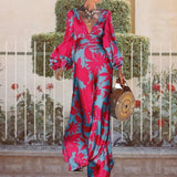 High waist commuter dress printed Lantern Sleeve V-neck dress