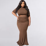 Plus Size Solid Color Short Sleeve Casual Two-Piece Suit  Women Suit