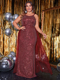 Plus Size Sequin Sling Double Shoulder Strap Sleeveless Mesh Stitching Prom Evening Dress