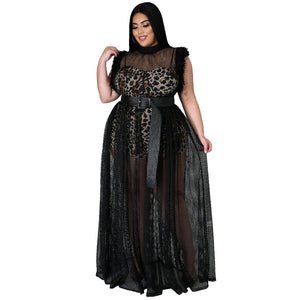 Plus Size Women Clothing Elegant See-through Sexy Mesh Maxi Dress  Dress Two-Piece Suit
