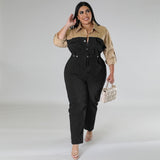 Plus Size Women Clothes Denim Contrast Color Jumpsuit