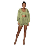 Spring Autumn Urban Casual Solid Color Cardigan Hooded Shorts Women Velvet Long Sleeve Sweatshirt Suit Two Piece Set