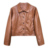 Fashionable Fine Elegant Brown Profile Faux Leather Coat Women Fall Lapels Motorcycle Short Jacket Coat