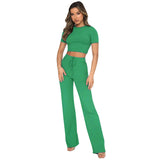 Casual Set Women Solid Color High-Elastic Body Shaping Short Sleeve Sunken Stripe Wide Leg Pants Two-Piece Set