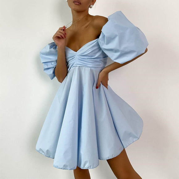 Off Neck Short Dress for Women Summer Puff Sleeve High Waist A  line Dress  French Princess Dress for Women