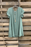 Ladies Cotton Linen Dress Solid Color Short Sleeve Burr Side Pocket Midi Dress