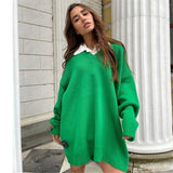 Autumn Winter Long Sleeve V Neck Casual Loose Knitted Pullover Long Sweater Dress Knitwear For Women