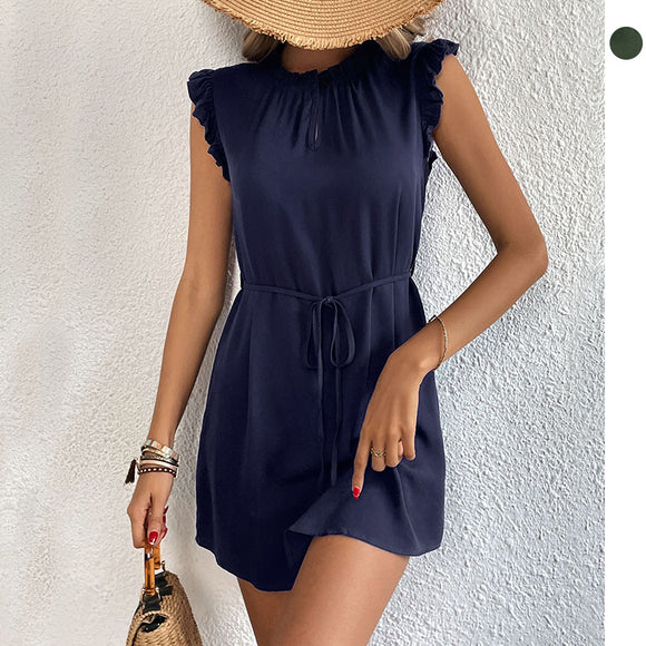 Summer Women Short Flying Sleeves Solid Color Dress