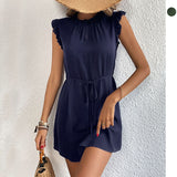 Summer Women Short Flying Sleeves Solid Color Dress