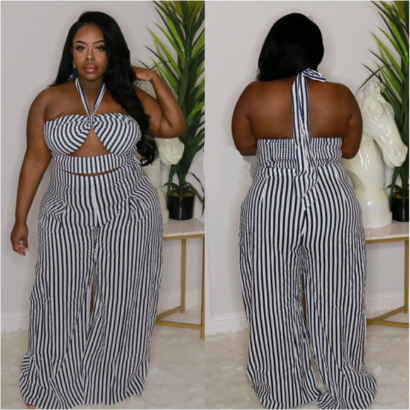 Plus Size Sexy  Black White Stripes Two-Piece Set Nightclub Uniforms