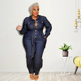 Plus Size New Fall Winter Slim V-neck Casual  Women Clothing Denim Jumpsuit