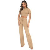 Casual Set Women Solid Color High-Elastic Body Shaping Short Sleeve Sunken Stripe Wide Leg Pants Two-Piece Set
