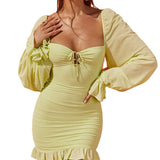 Square Neck Hollow Lace Up Hip Wrap Dress