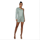 Urban Casual Solid Color Pullover off-the-Shoulder Shorts Women Fleece Lined Slim Fit Long Sleeve Sweater Set