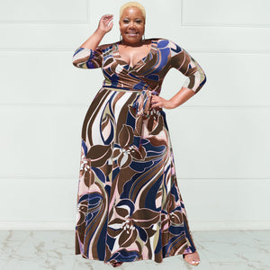 Plus Size Summer Floral Print with Belt Loose  Women Clothing Dress