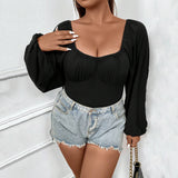 Plus Size Women Clothes Slim Fit Slimming Puff Sleeve Long Sleeve Sexy Jumpsuit