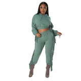 cropped Hooded Sweater Tassel Edge Thinner Pants Autumn Winter two piece set
