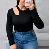 Plus Size Black Thread Knitted Vest Round Neck Long Sleeve Bottoming Shirt for Women Spring, Autumn Winter Slim Fit Inner Wear Hollow Out Cutout Top