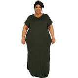 Plus Size Summer New Solid Color round Neck  Dress Slit Hemline at Hem Loose Skirt