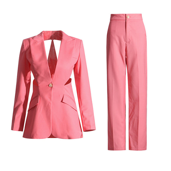 Women  Clothing Two Piece sets Hollow Out Cutout Backless sets with Straight Casual Work Pant Women