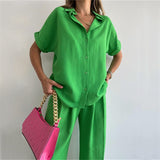 Wide Leg Pants Suit Spring Summer Loose Sleeve Shirt Top Casual Trousers Two Piece Women Clothing