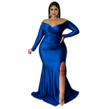 Plus Size Women Clothes Sexy Dress Nightclub V neck Formal Dress Solid Color Split Maxi Dress Autumn Winter Women