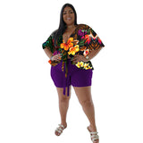 Plus Size Spring Autumn Women Clothing  Two-Piece Suit Printing Casual T-shirt Shorts Set