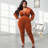Plus Size Autumn Elastic Velvet Slim Fit Two Piece Set  Women Suit