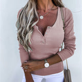 Autumn Winter Women Solid Color Long Sleeve Slim Fit Pullover Button T-shirt Top Plus Size