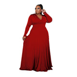 Plus Size Popular   Woman Solid Color V-neck Long Sleeve Mop Formal Dress
