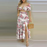 Low cut top printed high waist split dress