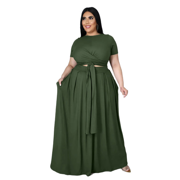 Plus Size Plus Size Women  Solid Color Cross Lace-up Large Swing Skirt Two-Piece Suit
