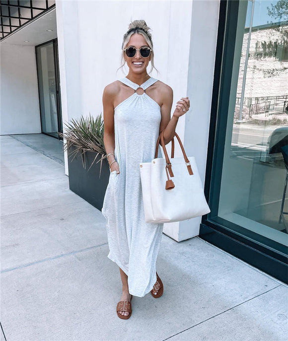 Spring Summer off-the-Shoulder Casual Comfortable Halter Long Plus Size Dress