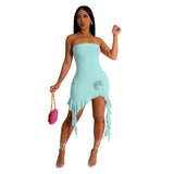 Women Clothing Independent Stand Floral Ruffled Solid Color Sexy Tube Top Irregular Asymmetric Dress