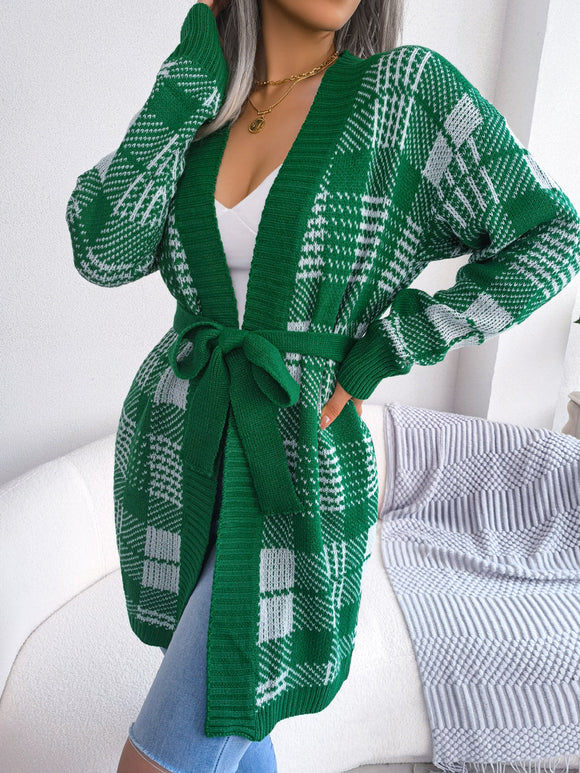 Autumn Winter Plaid Lace up Lantern Sleeve Casual Cardigan Sweater Coat Women Clothing