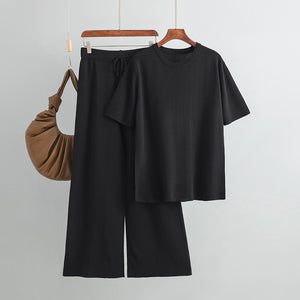 Fashionable Knitted Suit Women  Mid Length Solid Color Loose Slit Knit Sweater High Waist Lace up Trousers Two Piece Suit