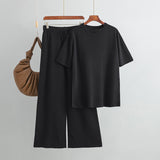 Fashionable Knitted Suit Women  Mid Length Solid Color Loose Slit Knit Sweater High Waist Lace up Trousers Two Piece Suit