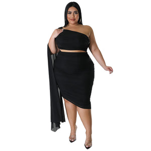 Plus Size  Women Wear High Elastic Diagonal Collar Long Train Sleeve Wrinkle Two Piece Set