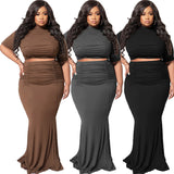 Plus Size Solid Color Short Sleeve Casual Two-Piece Suit  Women Suit