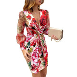 Long sleeve print dresssslimv neck skirt