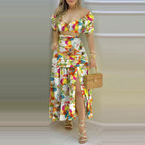 Low cut top printed high waist split dress