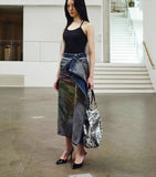 Stomach Blanket Double Sided Wear Art Design Printing Washed Do the Old Cowboy Zipper Stitching Straight Long Skirt
