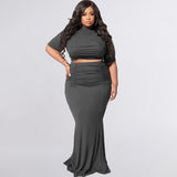Plus Size Solid Color Short Sleeve Casual Two-Piece Suit  Women Suit