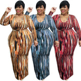 Plus Size Women Clothing Spring Printing Dyeing U Collar with Belt Skinny Long  Dress