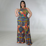 Plus Size Women Clothing Casual Halterneck Printed with Belt Jumpsuit