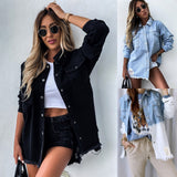 Mid-Length Loose Hole Bat Sleeve Denim Jacket Women Jacket Black  Coat  New Arrival