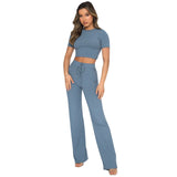 Casual Set Women Solid Color High-Elastic Body Shaping Short Sleeve Sunken Stripe Wide Leg Pants Two-Piece Set