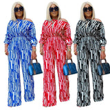 Plus Size Popular  Women Clothing Striped Printed Oblique Long Sleeve Shoulder Width Loose Casual Set Women
